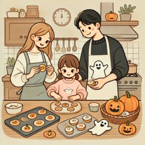 親子でハロウィンのお菓子作りを楽しんでいるシーン